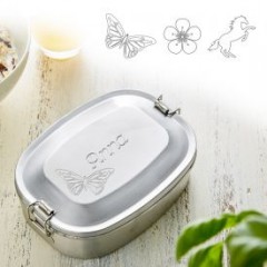 runde Edelstahl Pausenbox mit Gravur und Wunschmotiv